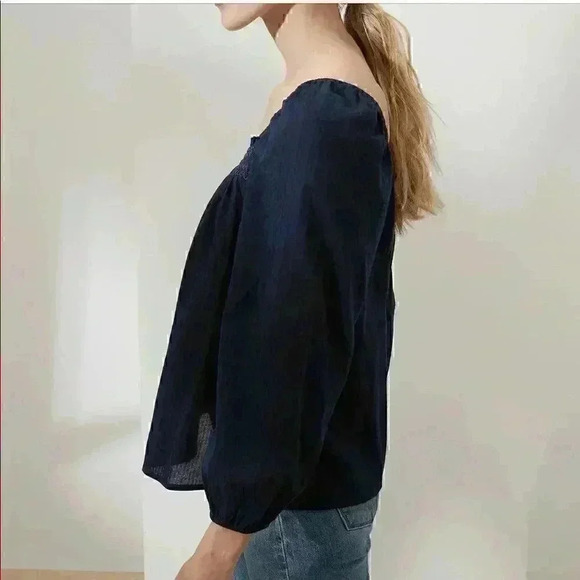 Banana Republic Striped Embroidered Smocked-Neck Blouse - Picture 8 of 9